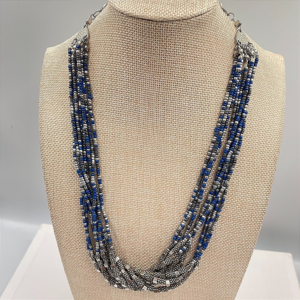 VTG Multi-Strand Seed Bead Necklace Silver Blue Boho Statement Bib Layered Long
